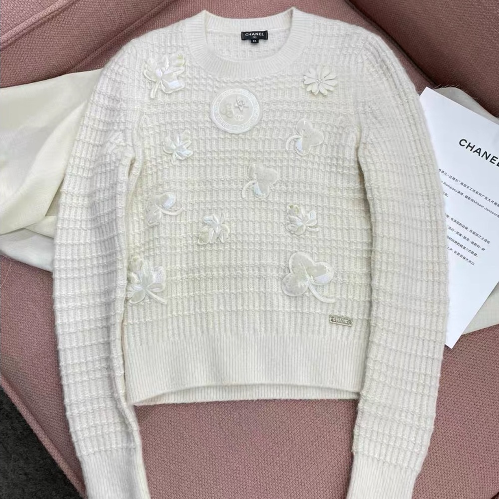 Authentic Chanel Cream Textured Floral Sweater